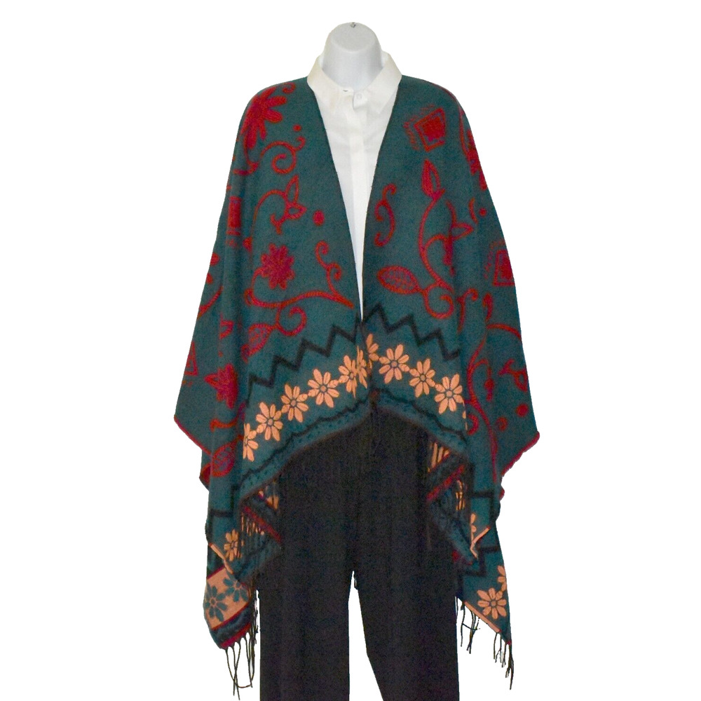B0 NWT MOSS ROSE Teal Flower Knit Fringed Square Poncho Cape Wrap Shawl Size O/S - Picture 1 of 6